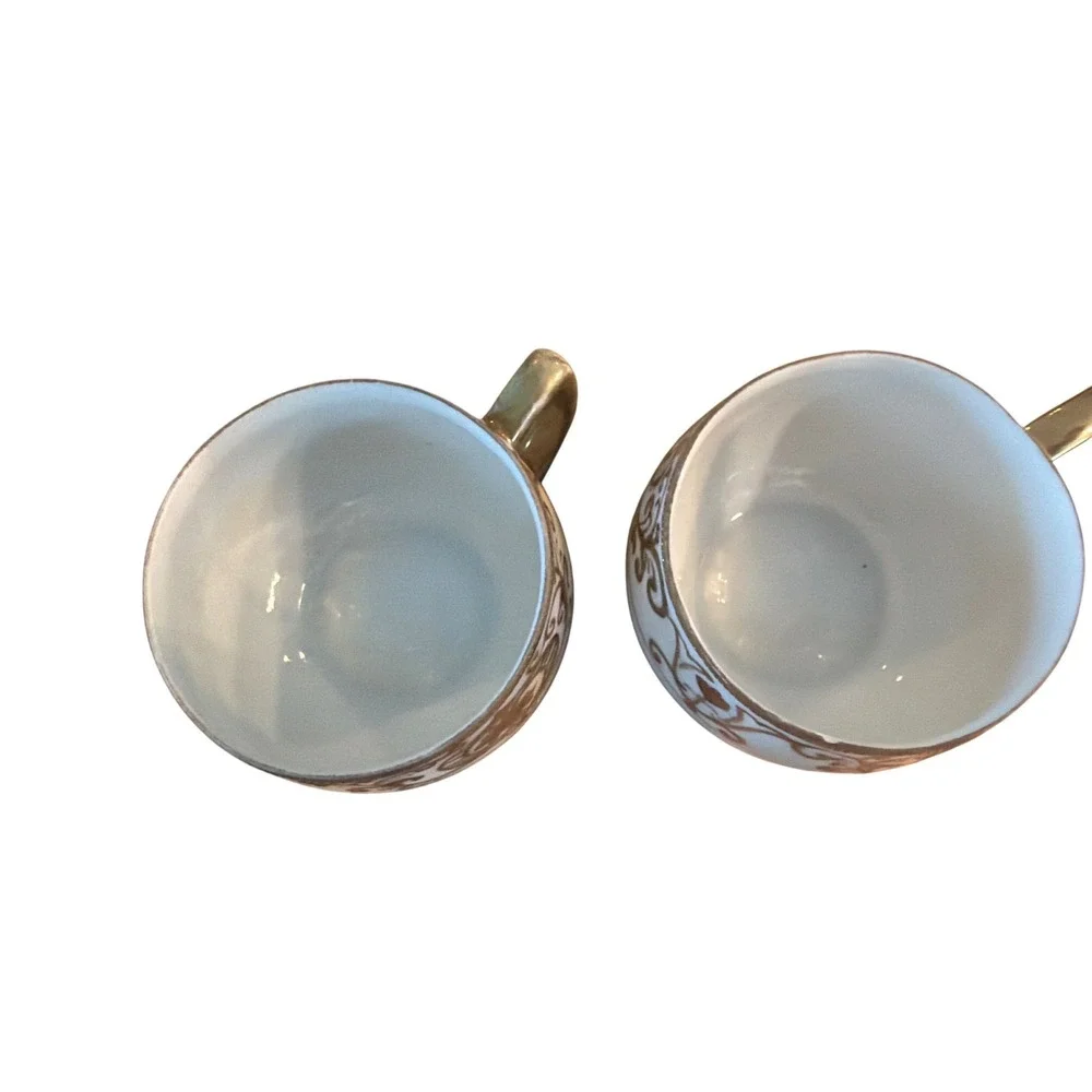 Vintage Hand Painted Japan Gold Moriage Tea Cups Pair Crown Mark Antique 1920s